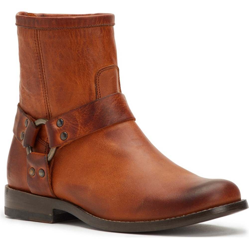 NEW Frye Phillip Harness Boots - Cognac Brown Leather Back Zip Sz 5.5